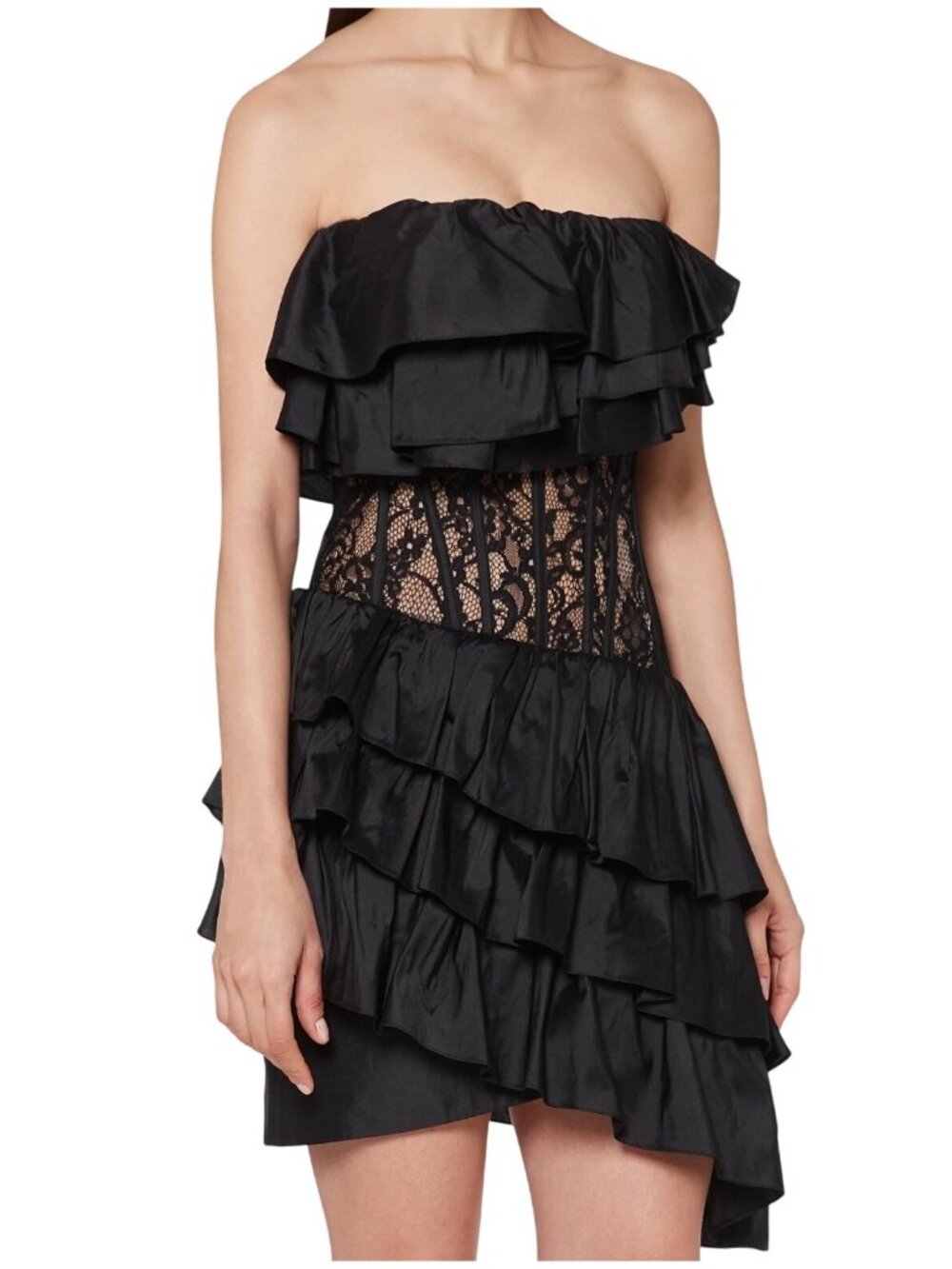 Rasario Black Silk Lace Corset Ruffle Strapless Mini Drees Size FR 34 US 0